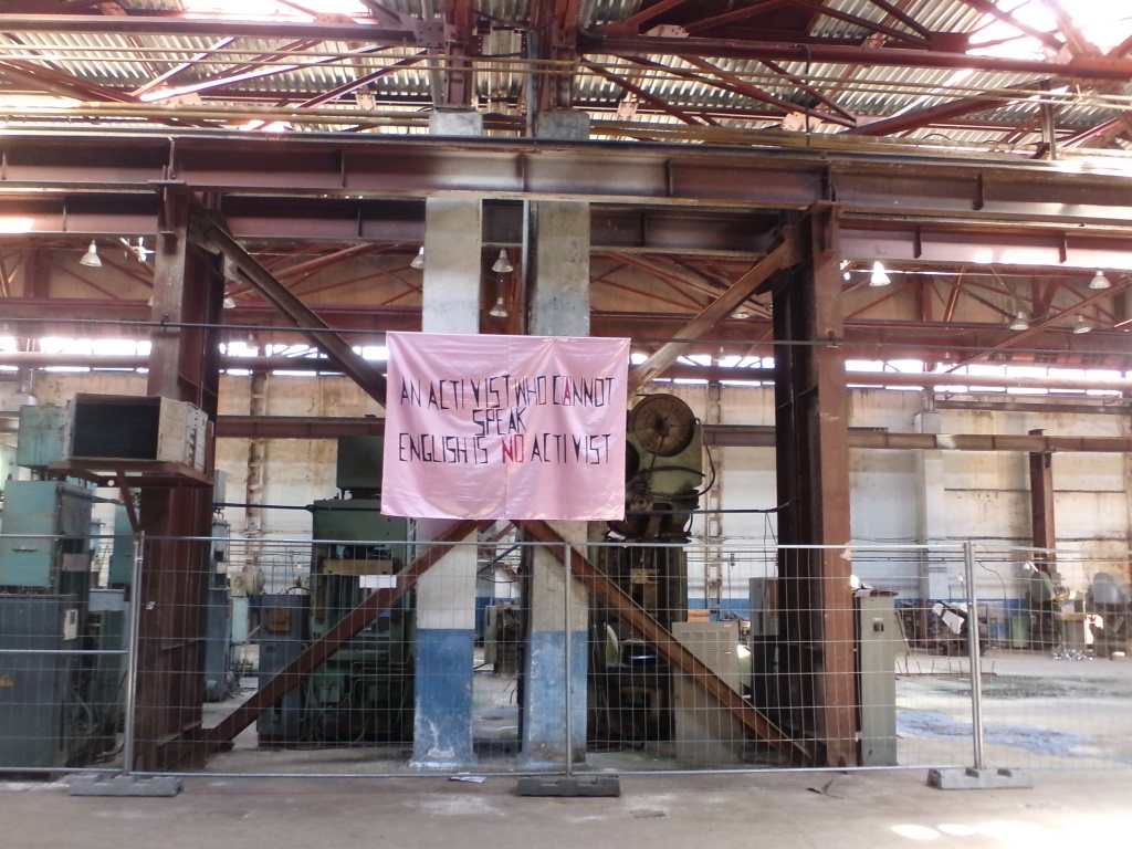 the banner in the factory set up