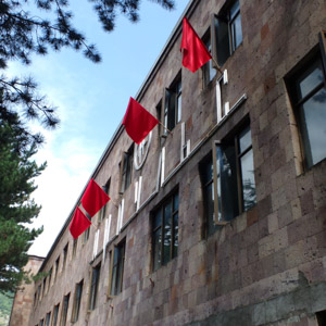 flags on a factory building